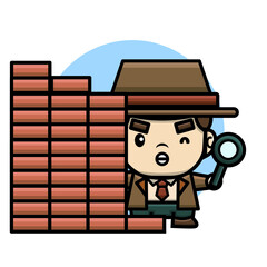 cute detective holding a magnifying glass and hiding behind a wall