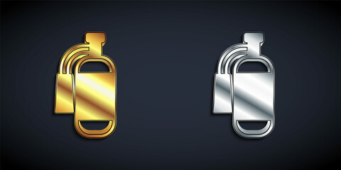 Gold and silver Fire extinguisher icon isolated on black background. Long shadow style. Vector