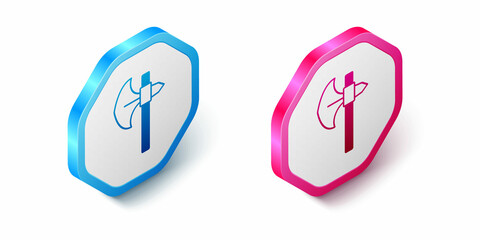 Isometric Medieval axe icon isolated on white background. Battle axe, executioner axe. Medieval weapon. Hexagon button. Vector