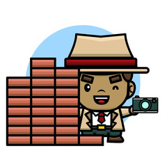 cute detective holding a camera and hiding behind a wall