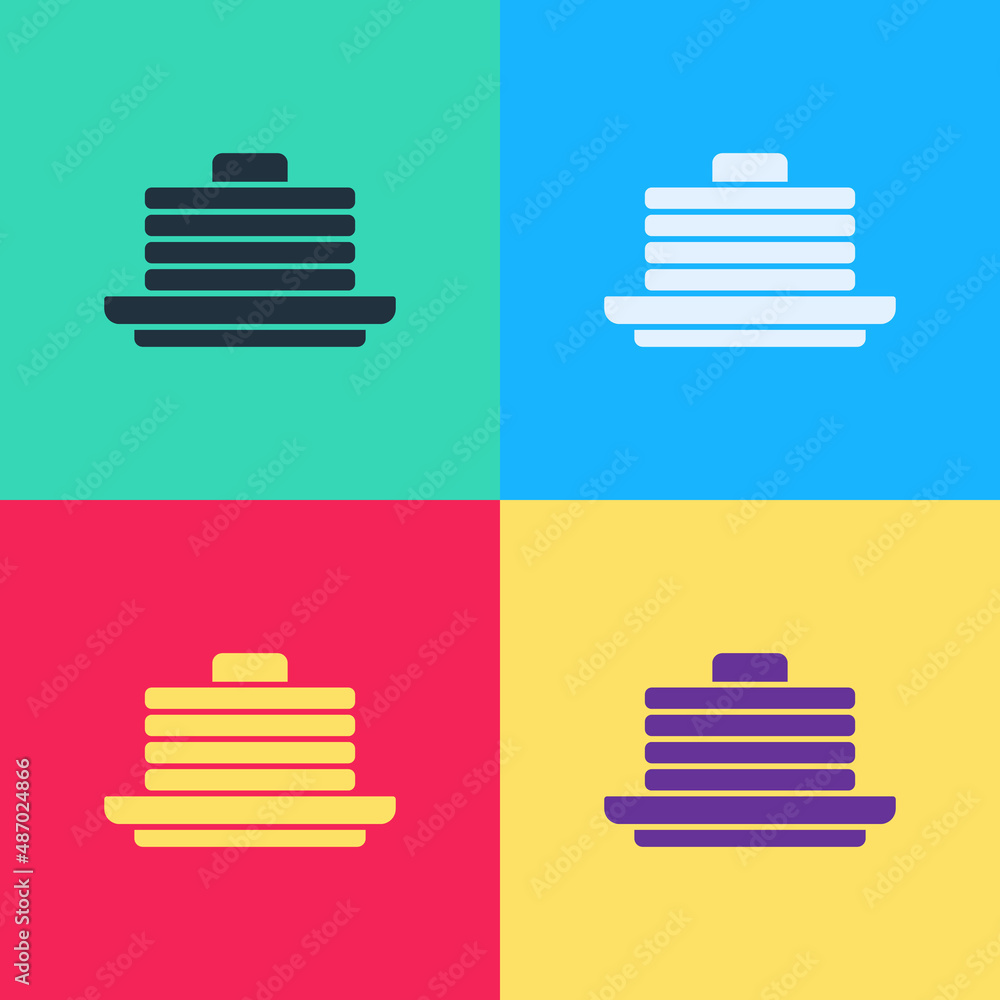 Poster pop art stack of pancakes icon isolated on color background. baking with syrup and cherry. breakfast