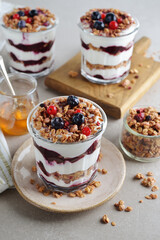 Healthy parfait with muesli berry sauce