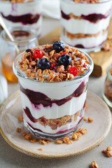 Healthy parfait with muesli berry sauce