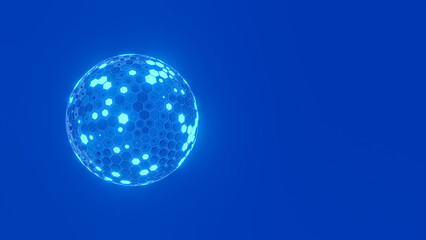 Blue sphere of hexagons of different sizes, glowing polygons, 3d illustration