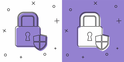 Set Shield security with lock icon isolated on white and purple background. Protection, safety, password security. Firewall access privacy sign. Vector