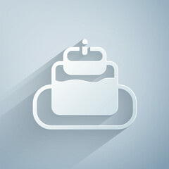 Paper cut Cake icon isolated on grey background. Happy Birthday. Paper art style. Vector