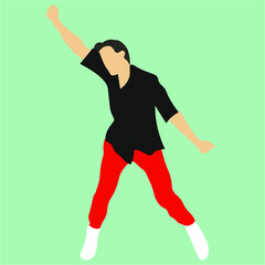 Fototapeta na wymiar flat illustration of a guy dancing. in red pants and a black shirt