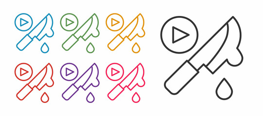 Set line Thriller movie icon isolated on white background. Bloody knife. Suspenseful cinema genre, survival horror. Shocking films with gore and violence. Set icons colorful. Vector