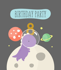 Birthday Party, Greeting Card, Party Invitation. Kids illustration with Cute Cosmic Dinosaur and an inscription eight. Vector illustration in cartoon style.