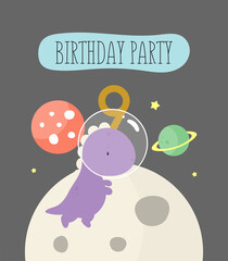 Birthday Party, Greeting Card, Party Invitation. Kids illustration with Cute Cosmic Dinosaur and an inscription nine. Vector illustration in cartoon style.