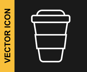 White line Coffee cup to go icon isolated on black background. Vector