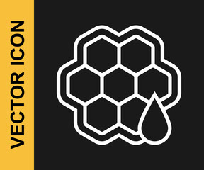 White line Honeycomb icon isolated on black background. Honey cells symbol. Sweet natural food. Vector