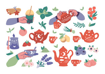 Set of hand-drawn clipart tea. The collection teapot, cups, green, leaves, fruits, ice, and hot tea drink