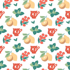 The tea seamless pattern is in a vector illustration. This lemon, mint, cup, sea buckthorn print