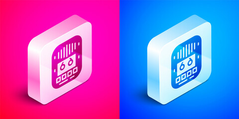 Isometric Cassette tape player icon isolated on pink and blue background. Vintage audio tape recorder. Silver square button. Vector