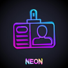 Glowing neon line Identification badge icon isolated on black background. It can be used for presentation, identity of the company, advertising. Vector