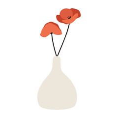 Poppies in vase. Potted flowers. Cottage core. Home decorations and interior design elements. Flat. Scandinavian style