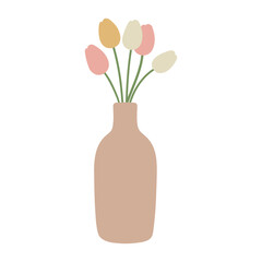 Tulips in vase. Potted flowers. Cottage core. Home decorations and interior design elements. Flat. Scandinavian style