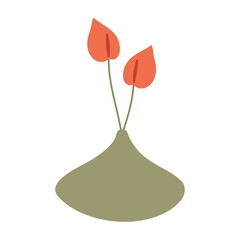 Flowers in vase. Potted flowers. Cottage core. Home decorations and interior design elements. Flat. Scandinavian style