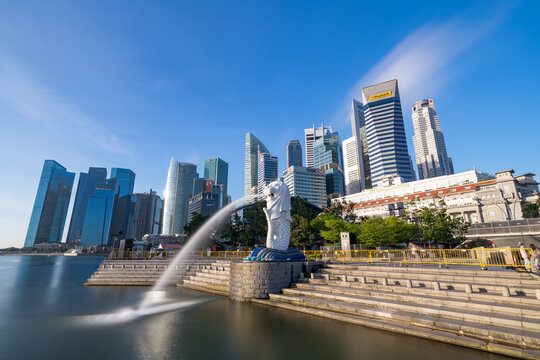 SINGAPORE - December 2019 : Image of Singapore at Merlion park and CBD Skyscrapers at daytime.