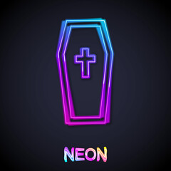 Obraz premium Glowing neon line Coffin with christian cross icon isolated on black background. Happy Halloween party. Vector