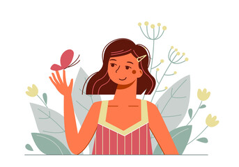 Summer card with a nice cartoon girl watching a butterfly.