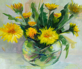 Dandelions vase painting acrylic. A beautiful light summer floral sketch, a quick sketch of dandelions from nature. Sketch with acrylic paints on cardboard. The concept of creative inspiration.