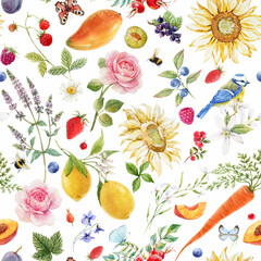 Beautiful seamless summer pattern with watercolor flowers and lemon pear orange mango fruits. Stock illustration.