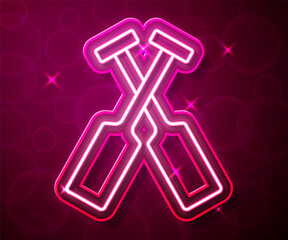 Glowing neon line Crossed oars or paddles boat icon isolated on red background. Vector