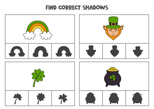 Find correct shadow of St Patrick day elements. Printable clip card games for children.