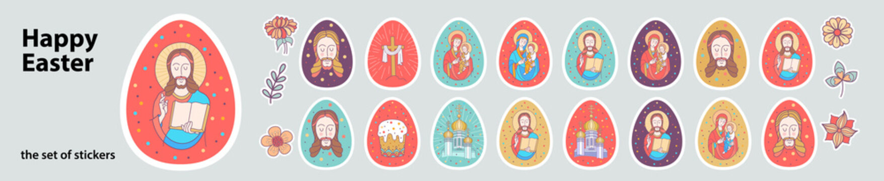 A large set of stickers for Easter. Painted eggs. Fine vector painting with spring flowers, with the Virgin Mary and Jesus.