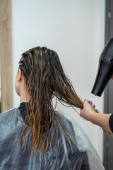 Fototapeta premium girl who came to the salon did bleaching and drying her hair to apply paint.