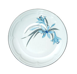 Vintage round plate with flowers with isolated golden rim. Bowl top view.