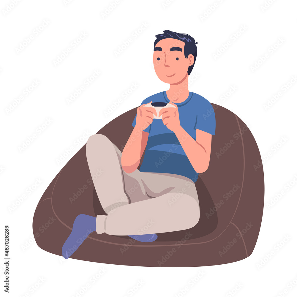 Poster man character with gamepad as digital device sitting in armchair suffering from internet addiction v