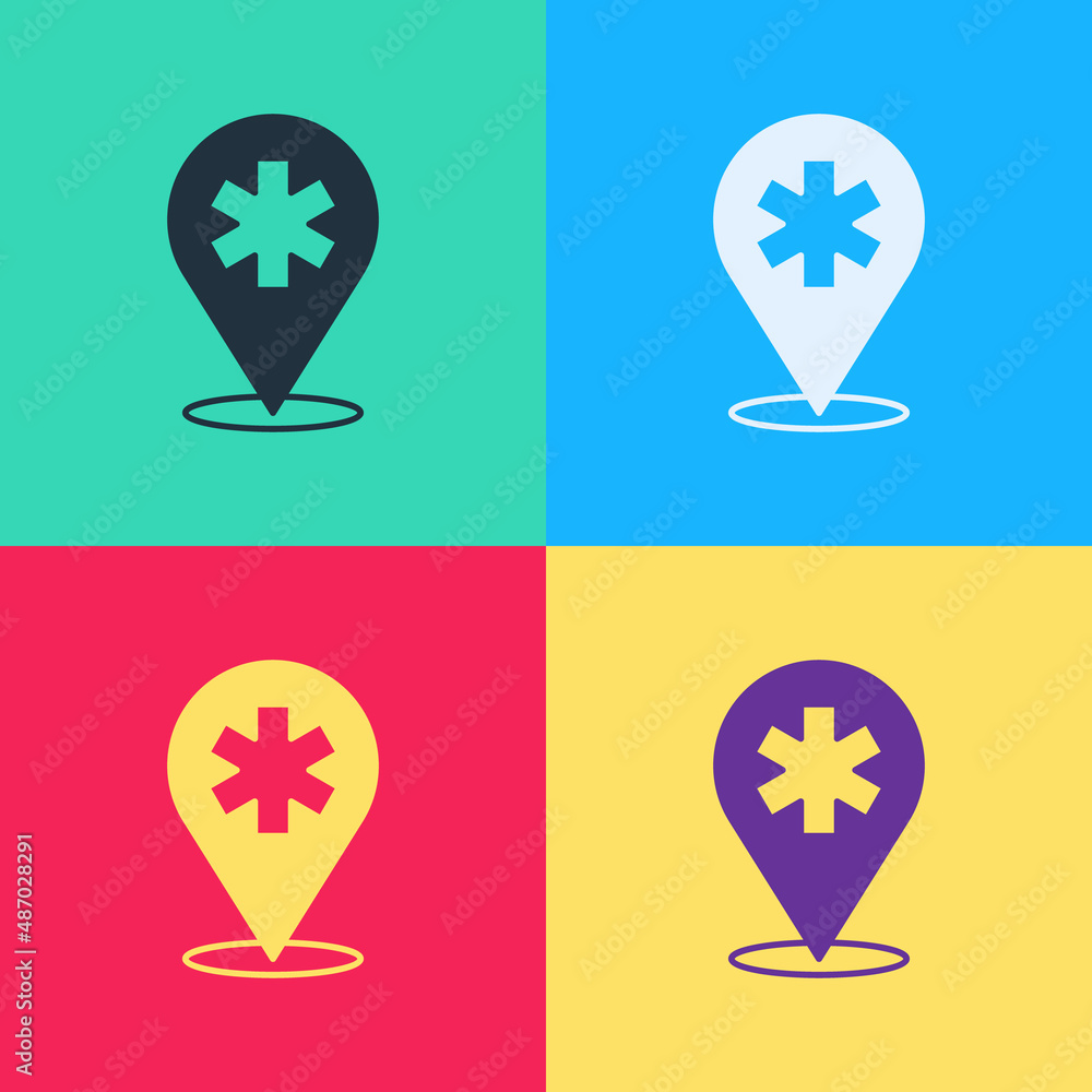Poster pop art medical map pointer with cross hospital icon isolated on color background. vector