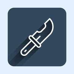 White line Hunter knife icon isolated with long shadow background. Army knife. Blue square button. Vector