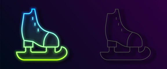 Glowing neon line Skates icon isolated on black background. Ice skate shoes icon. Sport boots with blades. Vector
