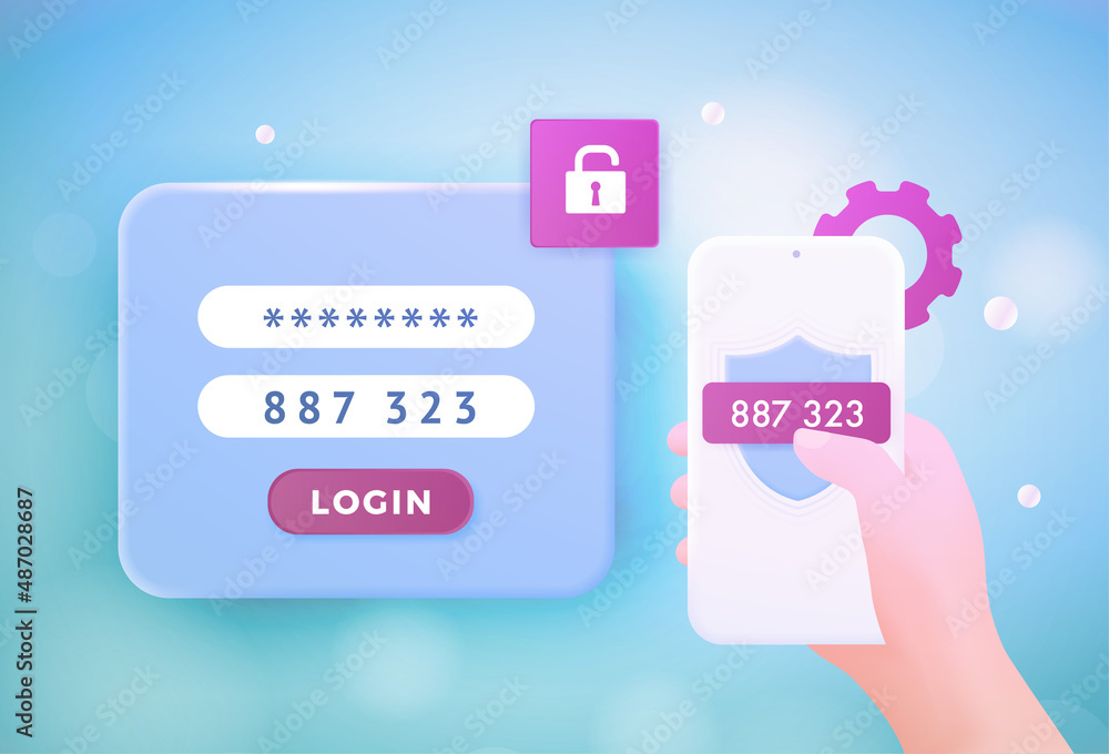 Poster multi factor authentication with smartphone and laptop. 2-step authentication 2fa 3d vector concept 