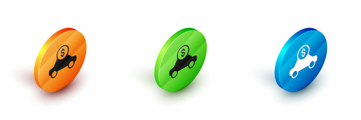 Isometric Car rental icon isolated on white background. Rent a car sign. Key with car. Concept for automobile repair service. Circle button. Vector