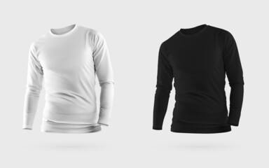 Mockup of white, black longsleeve, male casual wear 3D rendering, for design presentation, print, pattern, front view.
