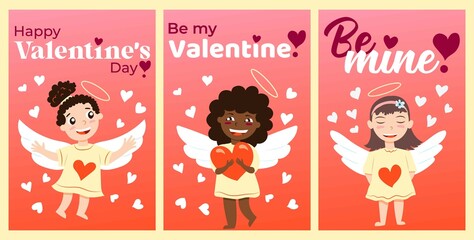 Happy Valentine's Day. Collection of greeting cards with babies cupid angels. Boys and girls. Red and white hearts. Cartoon characters. Cute and funny. Gradient background. Template for post cards