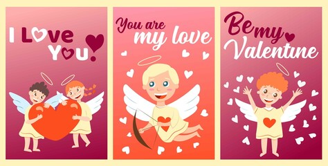 Fototapeta na wymiar Happy Valentine's Day. Collection of greeting cards with babies cupid angels. Boys and girls. Red and white hearts. Cartoon characters. Cute and funny. Gradient background. Template for post cards