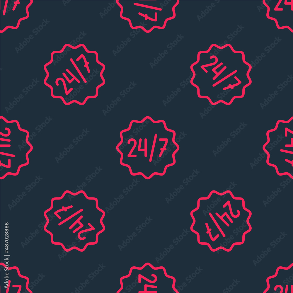 Poster red line clock 24 hours icon isolated seamless pattern on black background. all day cyclic icon. 24 