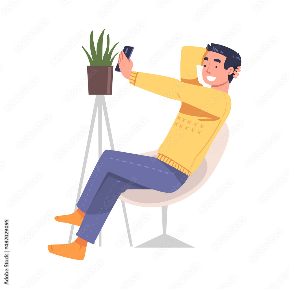 Poster man character with digital device sitting in armchair suffering from internet addiction vector illus