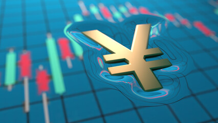 Yen symbol floating on currency chart like object floating on water surface