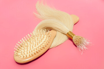 Plastic string (Silicone line)tip straight blonde human hair extensions with a wooden hairbrush