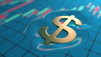 Dollar symbol floating on currency chart like object floating on water surface
