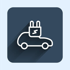 White line Electric car and electrical cable plug charging icon isolated with long shadow background. Renewable eco technologies. Blue square button. Vector