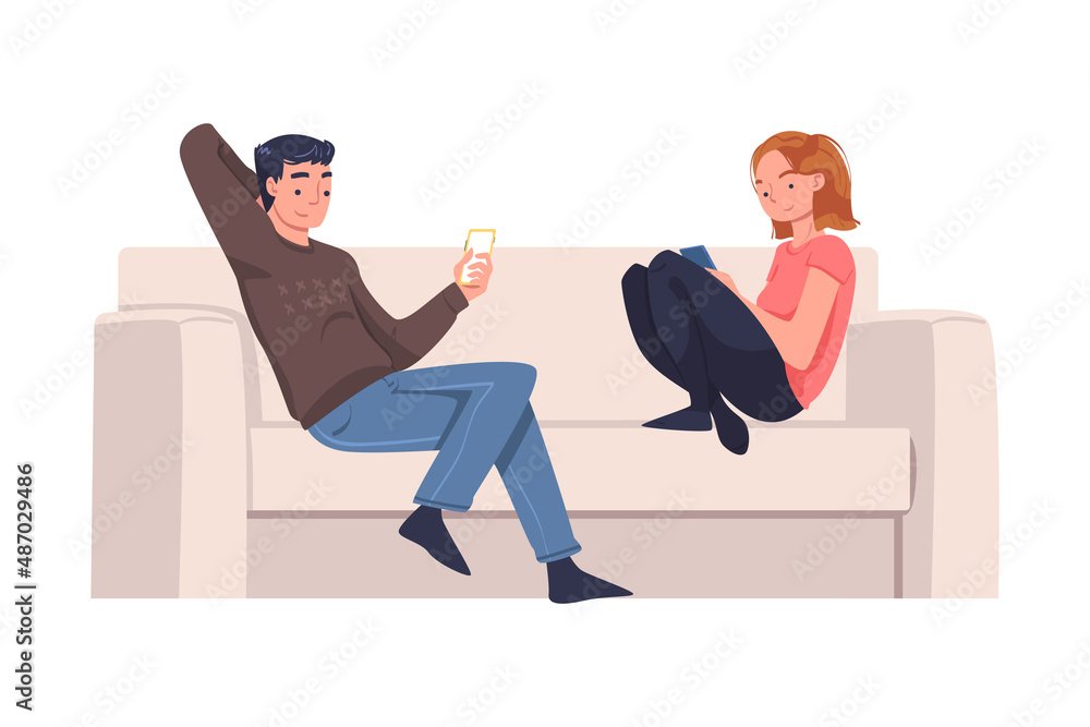 Poster man and woman character with digital device sitting on sofa suffering from internet addiction vector