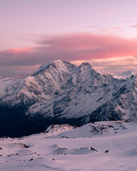 Greater Caucasus Range.  Glacier Seven on mount Donguz-Orun, view On the Sunset from Elbrus mount. Winter landscape, Greater Caucasus Range.
